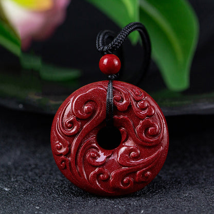 Elegant Cinnabar Peace - button Pendant with Auspicious Cloud Patterns Symbol of Safety and Good Fortune