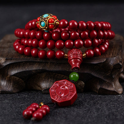 108 - bead Cinnabar Wrist Mala Ornate Design, Spiritual Touch